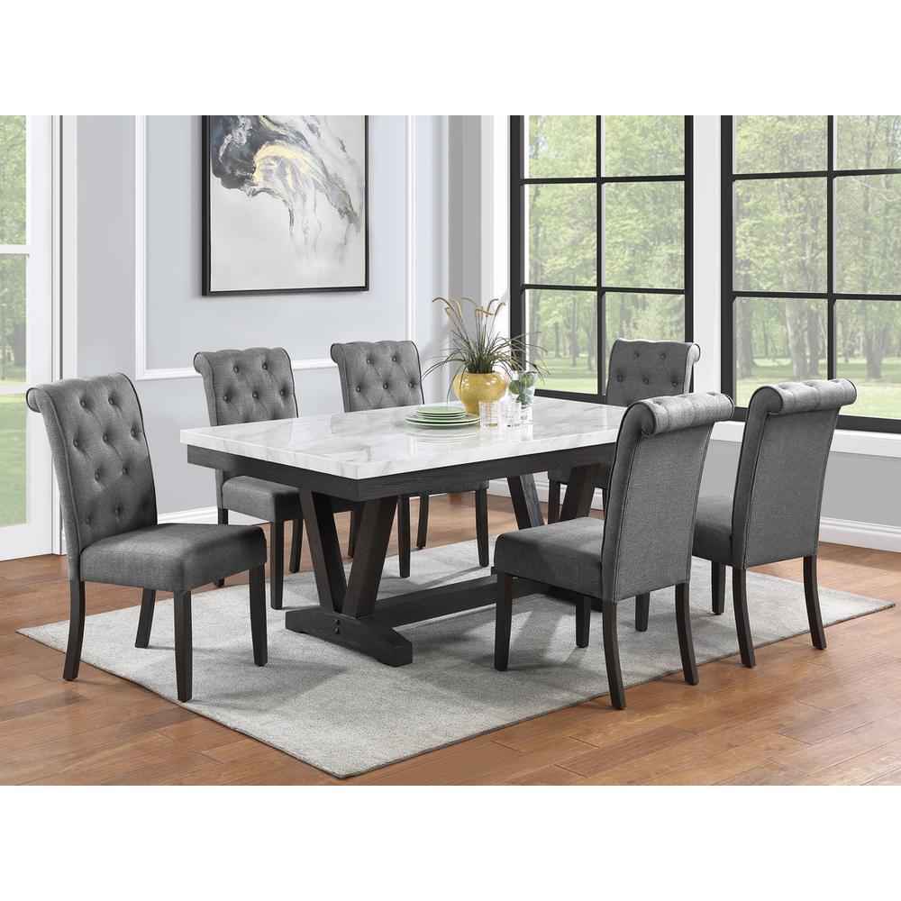 7 pc Dining set Faux Marble Wrap Table set with grey Linen dining chairs. Picture 2