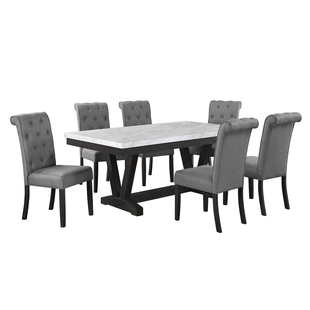 7 pc Dining set Faux Marble Wrap Table set with grey Linen dining chairs. Picture 1