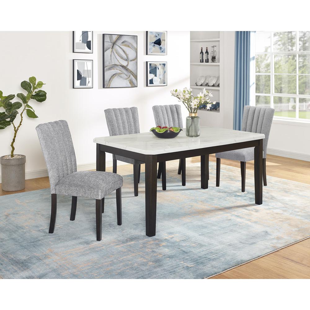 5-piece dining set with one white faux marble table and 4 dark grey side chairs. Picture 5