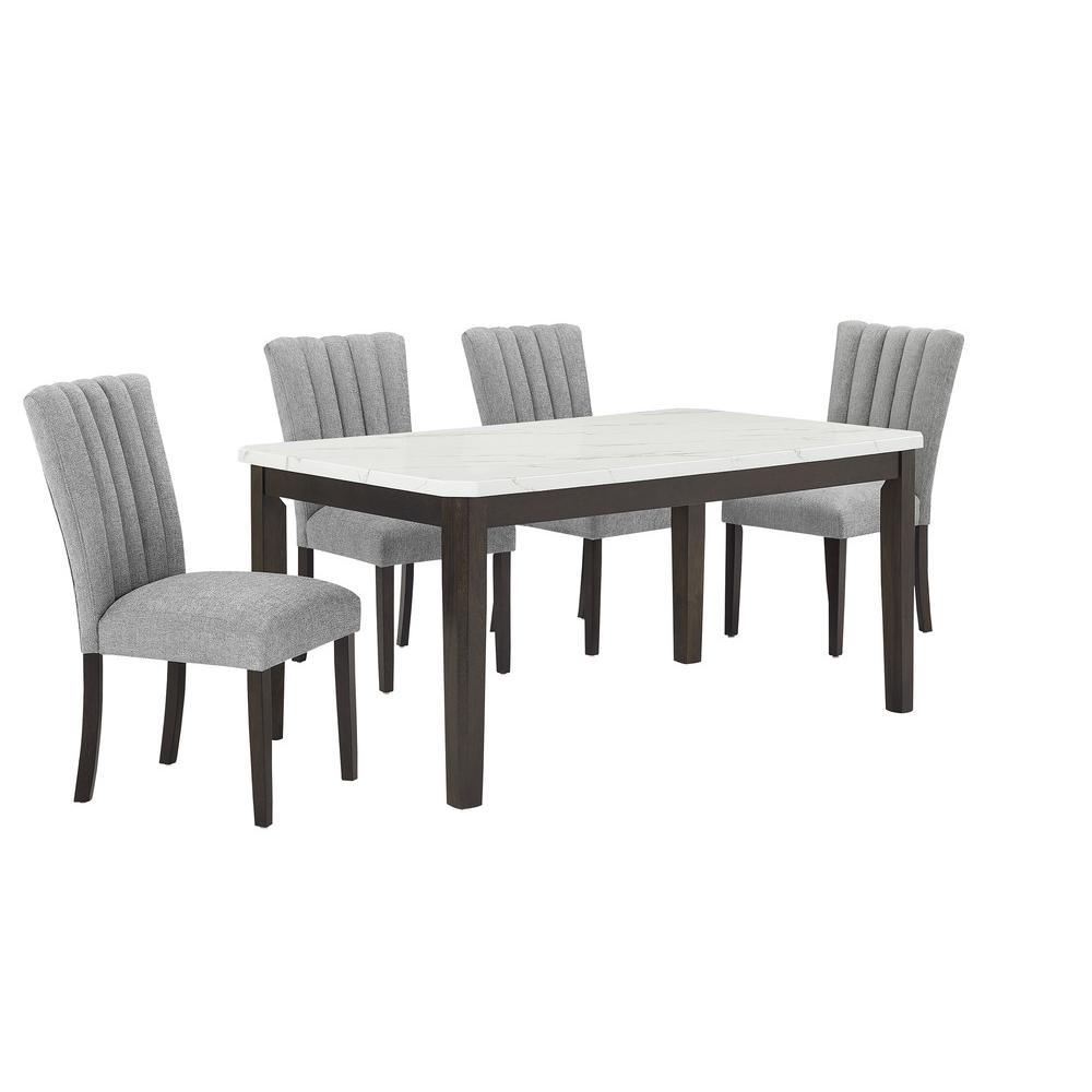 5-piece dining set with one white faux marble table and 4 dark grey side chairs. Picture 1