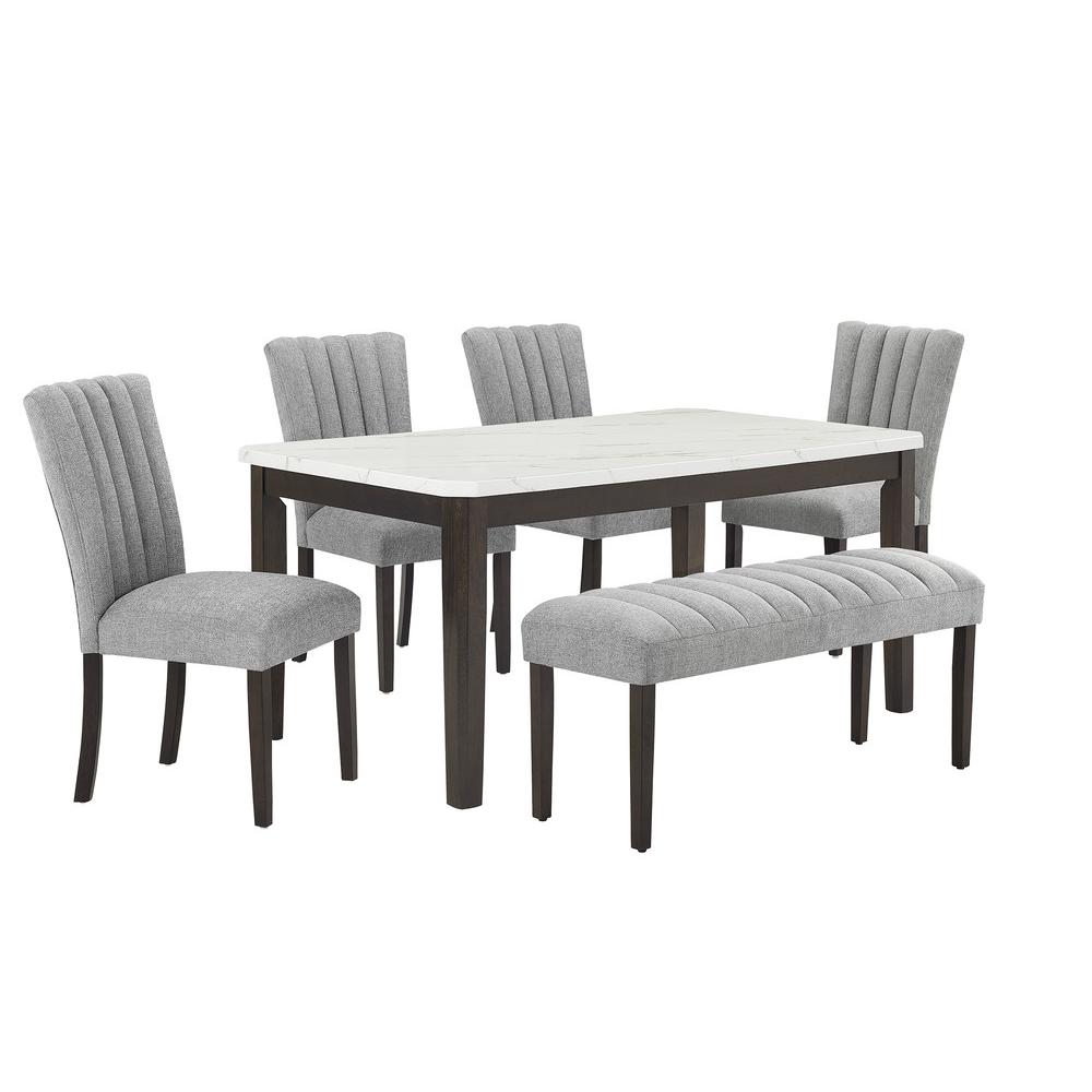 6-piece dining set with 1 white table, 4 side chairs, and 1 bench. Picture 1
