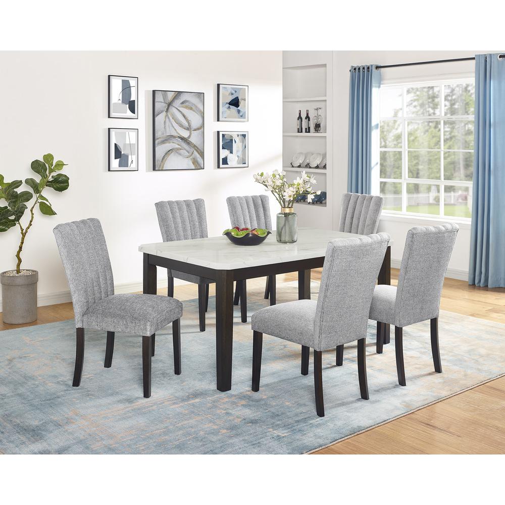 7-piece dining set with 1 white faux marble table and 6 dark grey side chairs. Picture 5