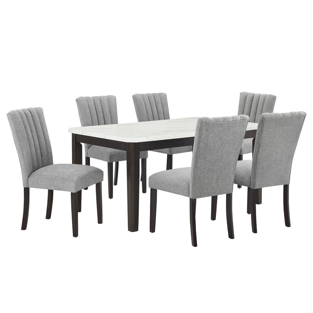 7-piece dining set with 1 white faux marble table and 6 dark grey side chairs. Picture 1