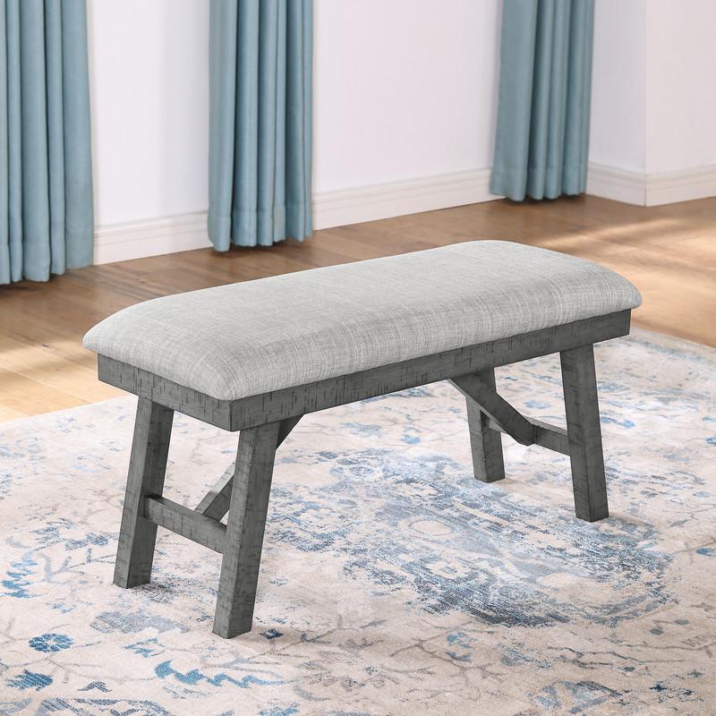 Upholstered rustic grey dining bench with light grey linen fabric. Picture 2