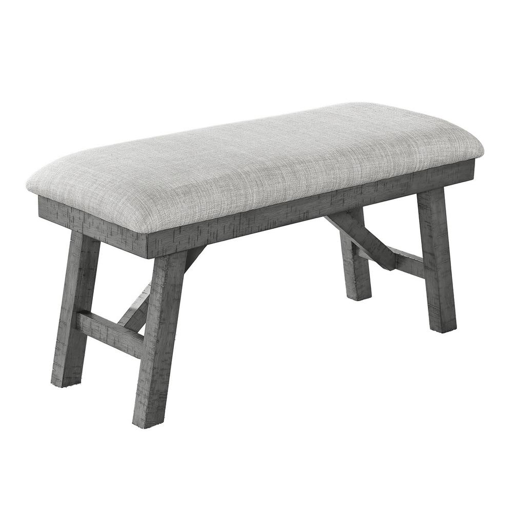 Upholstered rustic grey dining bench with light grey linen fabric. Picture 1