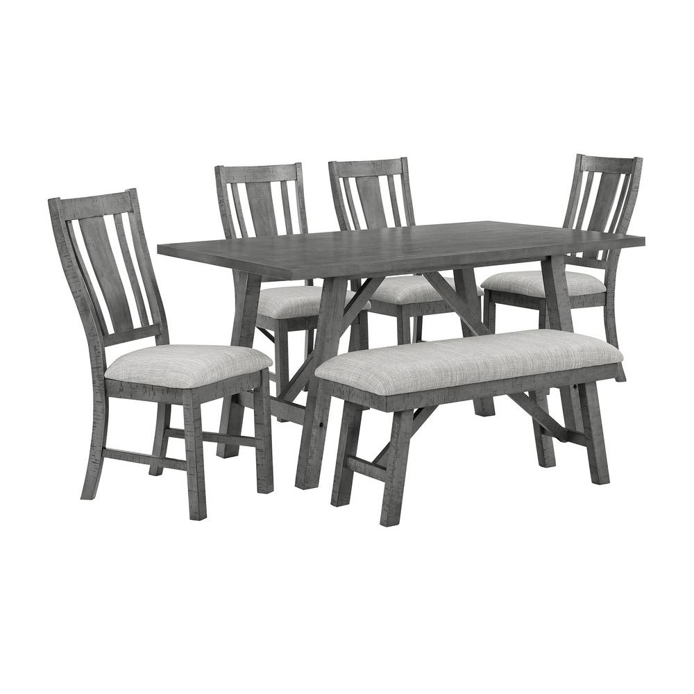 6 piece dining set, modern farmhouse design in rustic grey. Picture 1