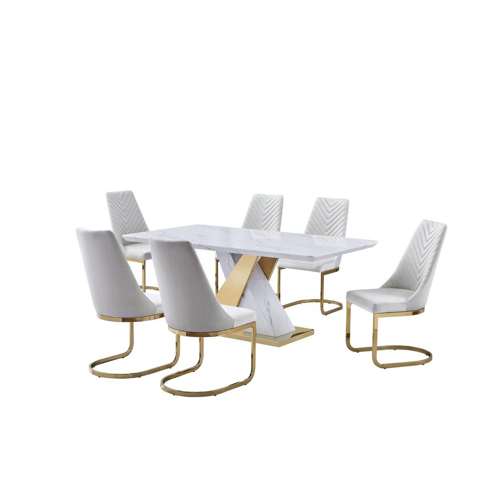 7pc white faux marble set with 6 cream velvet chairs. Picture 1