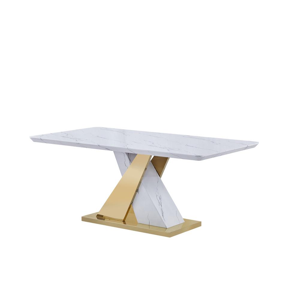 White faux marble dining with polished stainless steel gold color base. Picture 1