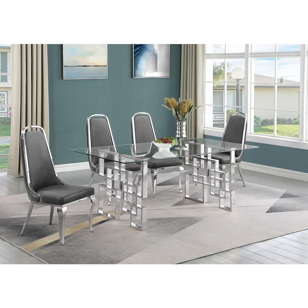 5-piece glam dining set with 4 Dark grey chairs and one 79"L glass dining table. Picture 4