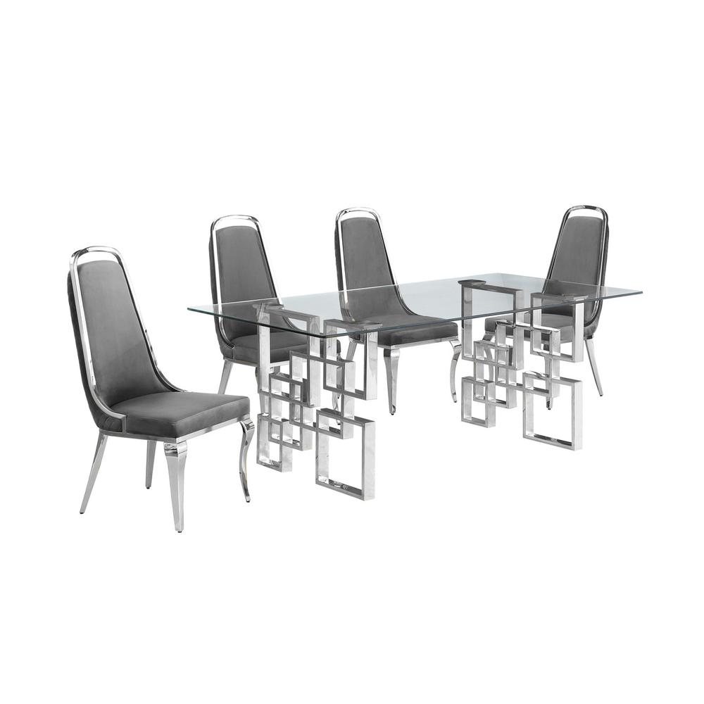 5-piece glam dining set with 4 Dark grey chairs and one 79"L glass dining table. Picture 1