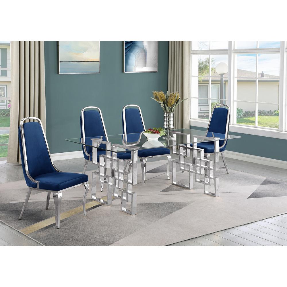5-piece glam dining set with 4 Navy blue chairs and one 79"L glass dining table. Picture 4