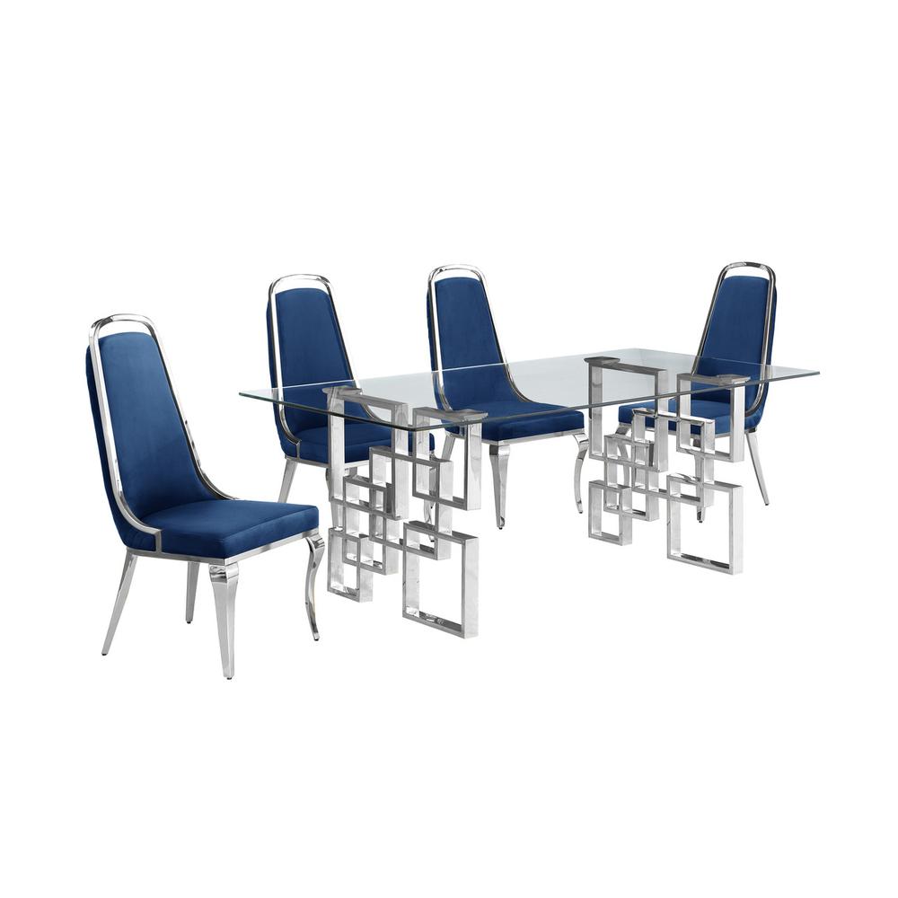 5-piece glam dining set with 4 Navy blue chairs and one 79"L glass dining table. Picture 1
