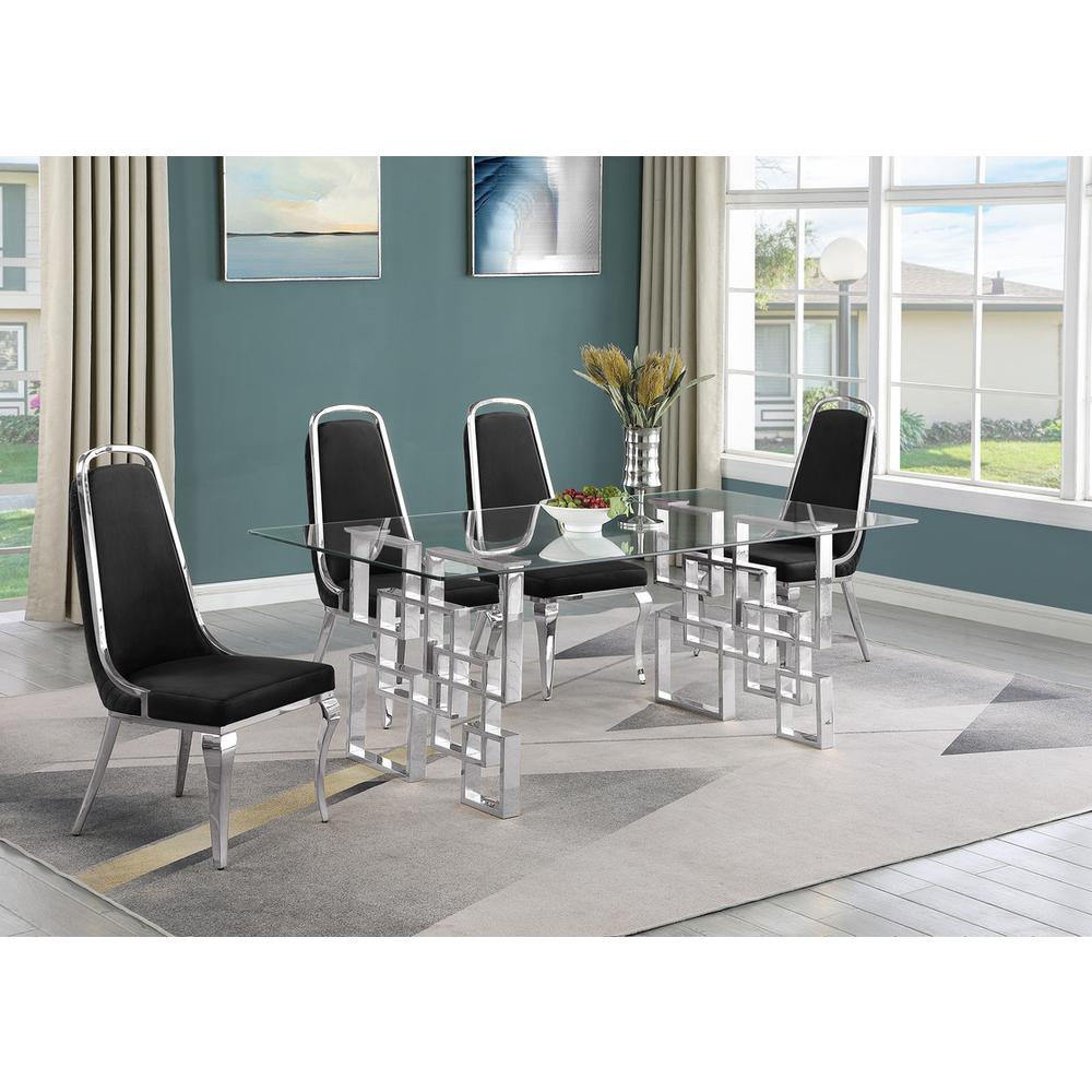 5-piece glam dining set with 4 Black side chairs and one 79"L glass dining table. Picture 4