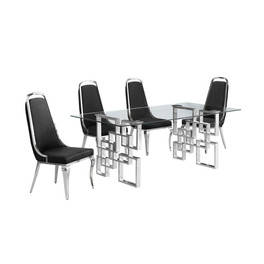 5-piece glam dining set with 4 Black side chairs and one 79"L glass dining table. Picture 1