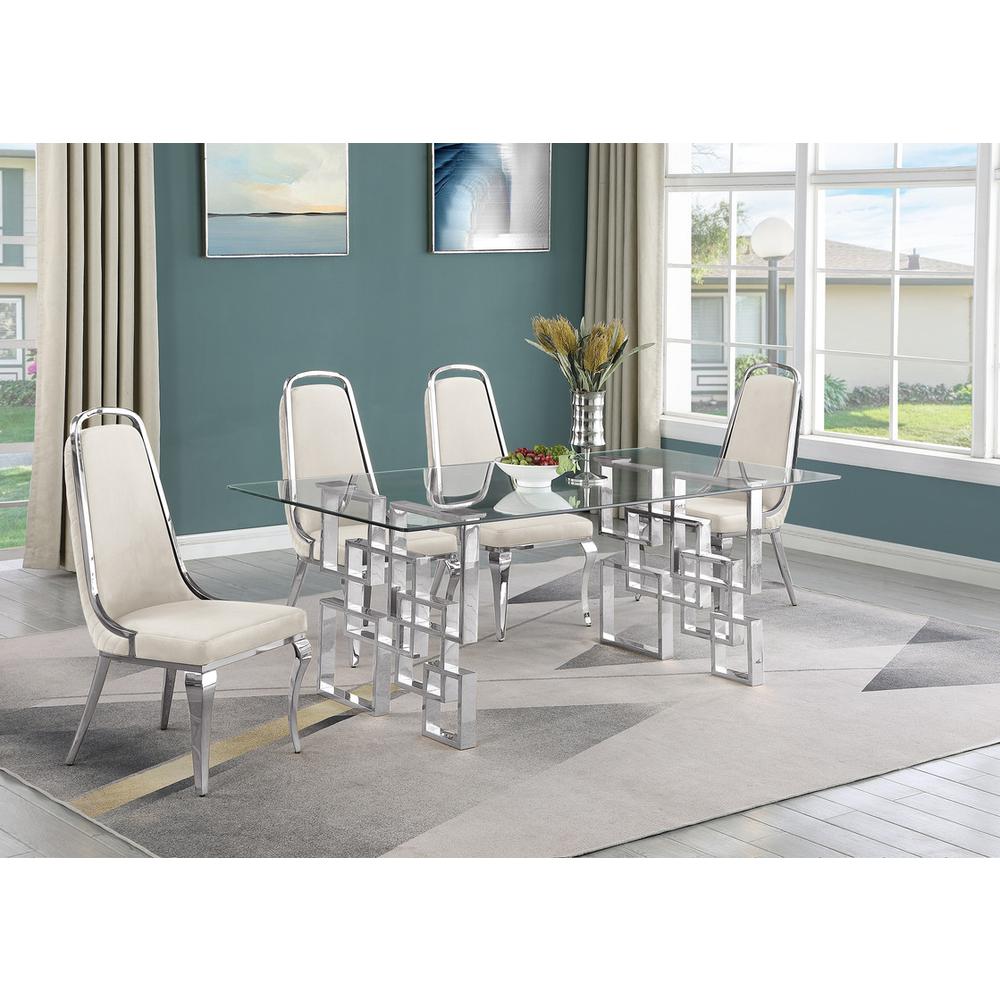 5-piece glam dining set with 4 Cream side chairs and one 79"L glass dining table. Picture 4