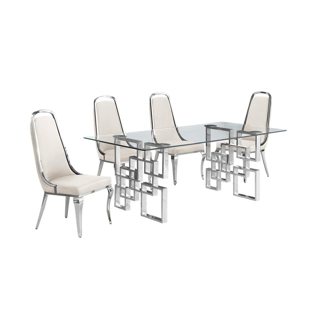 5-piece glam dining set with 4 Cream side chairs and one 79"L glass dining table. Picture 1