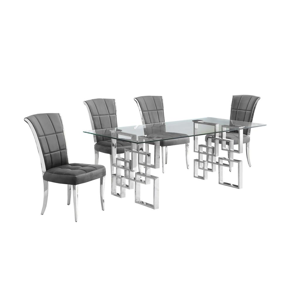 5-piece glam dining set with 4 dark grey chairs and a 79" long glass  table. Picture 1