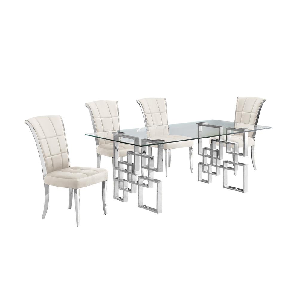5-piece glam dining set with 4 cream chairs and a 79" long glass  table. Picture 1