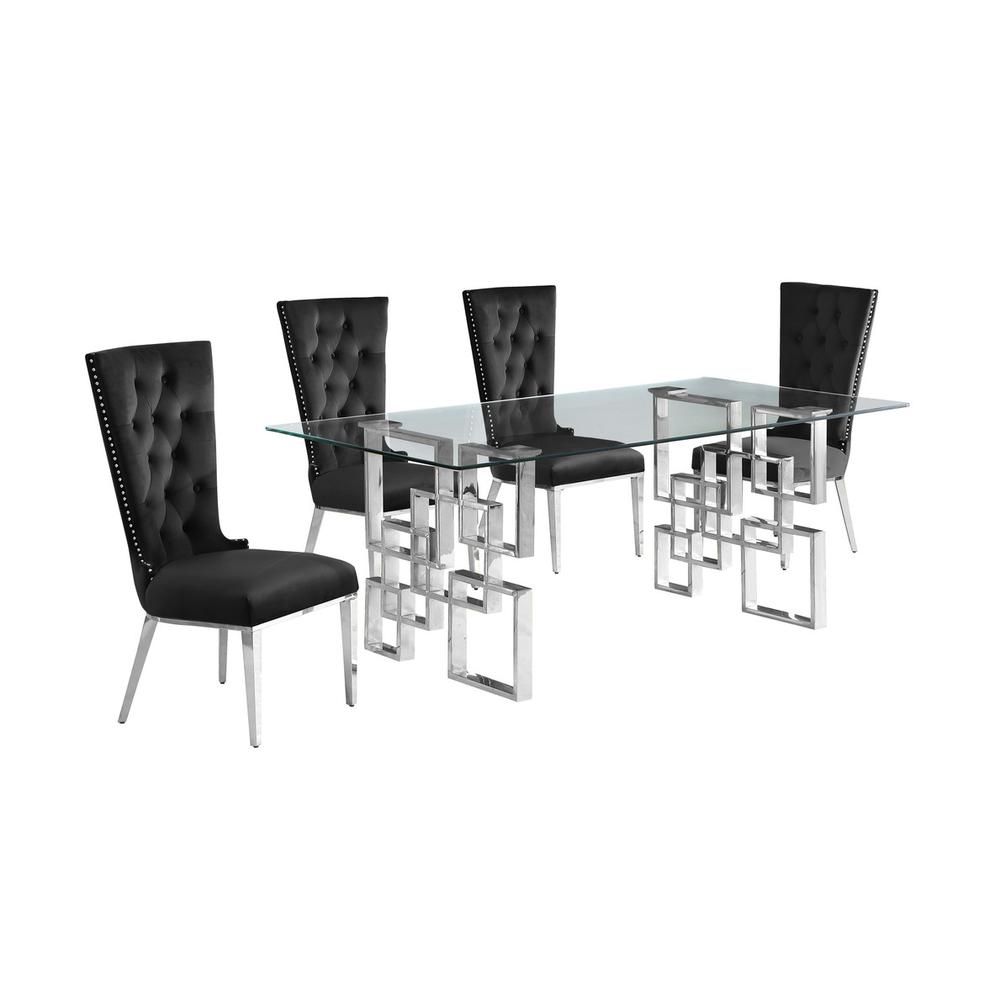 5-piece glam dining set with 4 black chairs and a 79" long glass  table. Picture 1