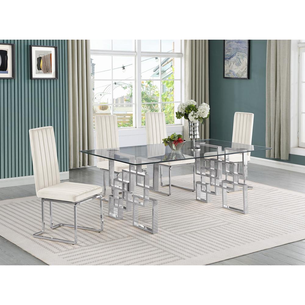 5-piece glam dining set with 4 Cream chairs and one 79" glass  table. Picture 4