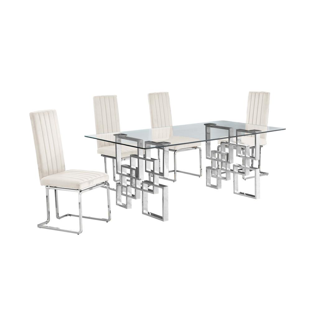 5-piece glam dining set with 4 Cream chairs and one 79" glass  table. Picture 1