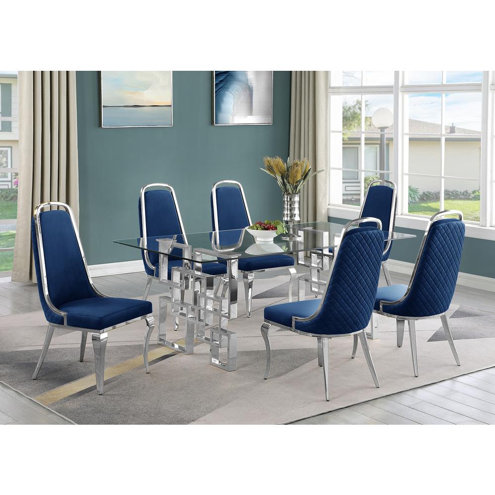 7-piece glam dining set with  6 Navy blue chairs and one 79" glass dining table. Picture 4