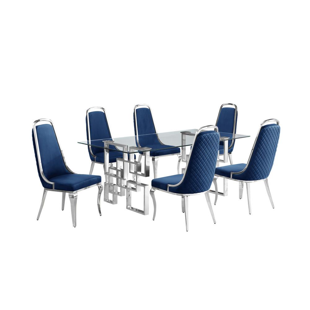 7-piece glam dining set with  6 Navy blue chairs and one 79" glass dining table. Picture 1