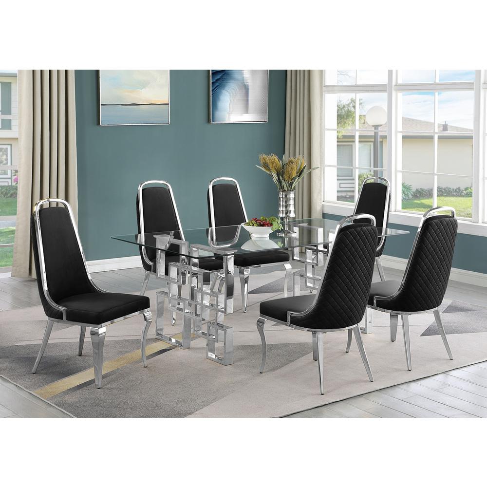 7-piece glam dining set with  6 Black side chairs and one 79" glass dining table. Picture 4