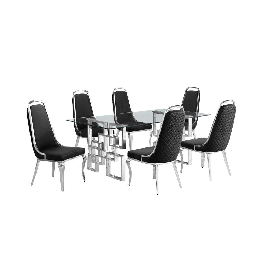 7-piece glam dining set with  6 Black side chairs and one 79" glass dining table. Picture 1