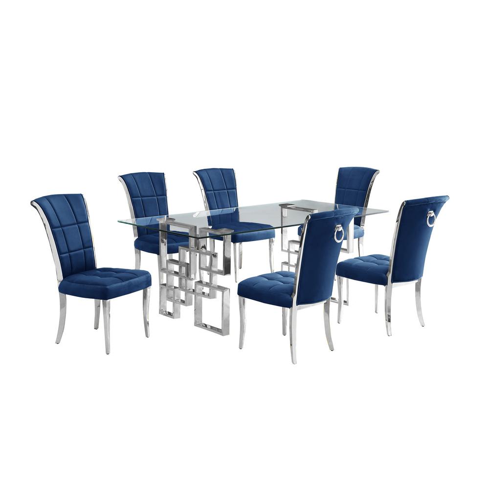 7-piece glam dining set with 6 navy blur chairs and a 79" long glass  table. Picture 1