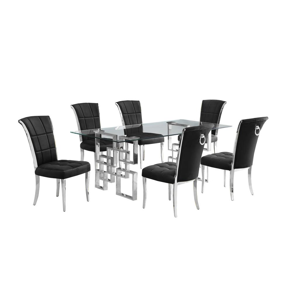 7-piece glam dining set with 6 black chairs and a 79" long glass  table. Picture 1