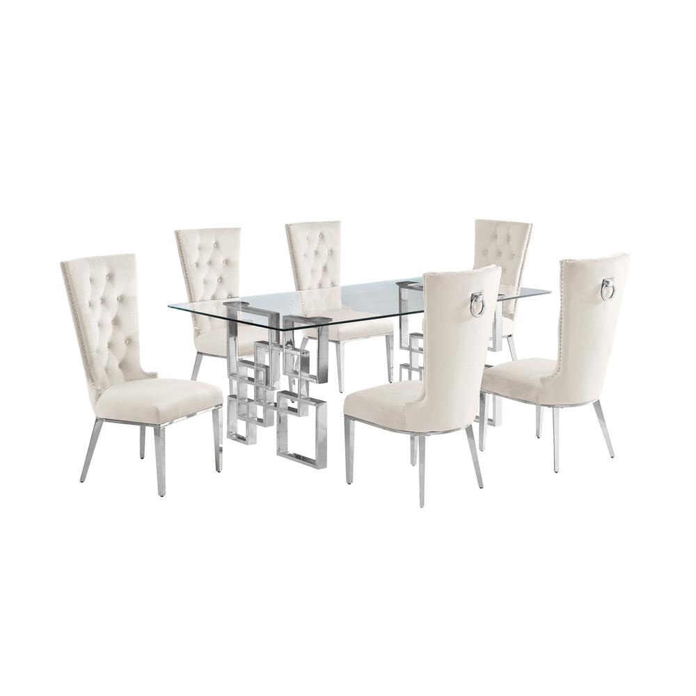 7-piece glam dining set with 6 cream chairs and a 79" long glass dinng table. Picture 1