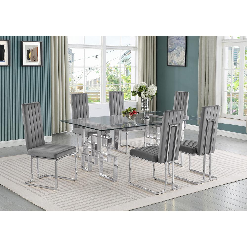 7-piece glam dining set with 6 Dark grey chairs and one 79" glass  table. Picture 4