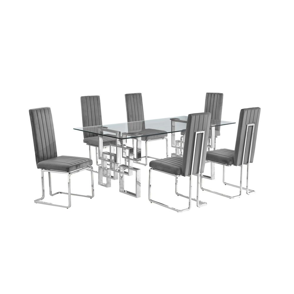 7-piece glam dining set with 6 Dark grey chairs and one 79" glass  table. Picture 1