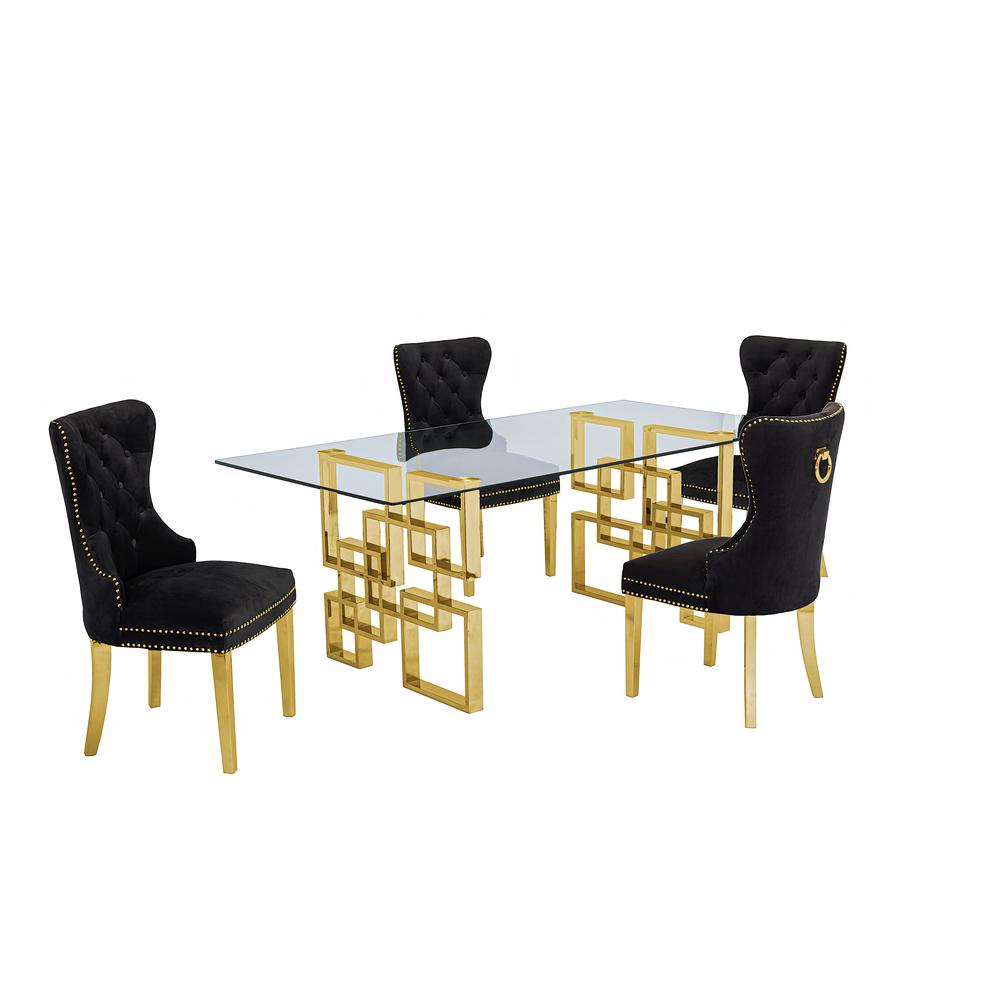 Classic 5 Piece Dining Set With Glass Table Top and Stainless Steel Legs, Black. Picture 2