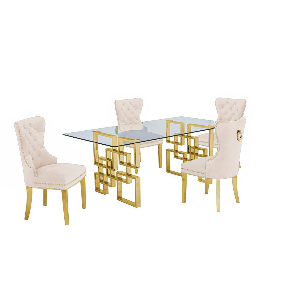 Classic 5 Piece Dining Set With Glass Table Top and Stainless Steel Legs, Beige. Picture 2