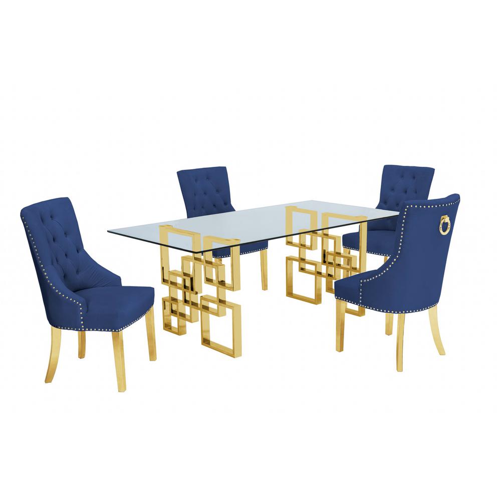 Classic 7 Piece Dining Set With Glass Table Top & Stainless Steel Legs with Ring Handle, Navy Blue. Picture 1