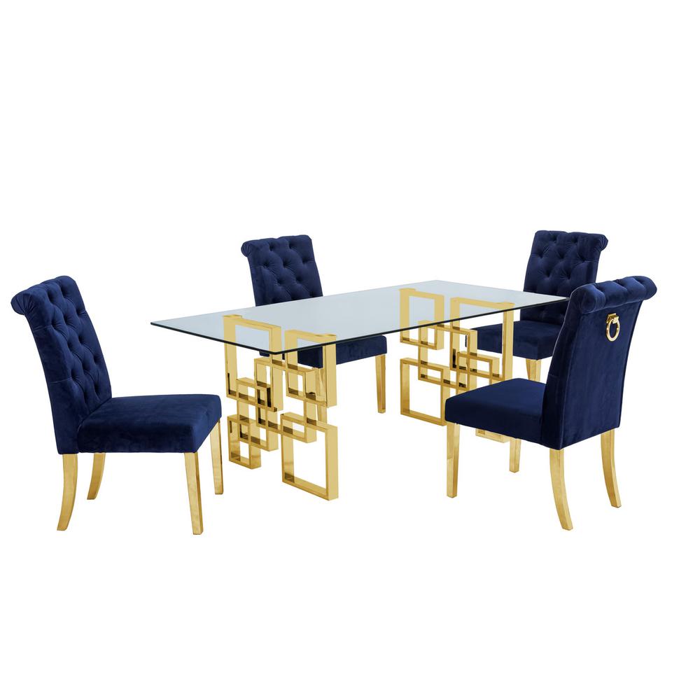 Classic 7 Piece Dining Set With Glass Table Top and Stainless Steel Legs w/Ring Handle, Navy Blue. Picture 1