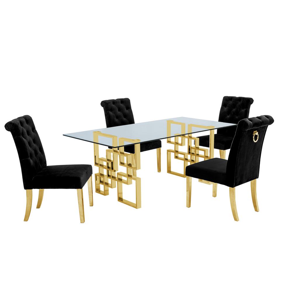 Classic 7 Piece Dining Set With Glass Table Top and Stainless Steel Legs w/Ring Handle, Black. Picture 1