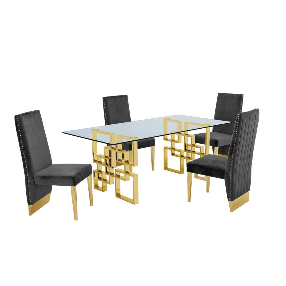 Classic 7 Piece Dining Set With Glass Table Top and Stainless Steel Legs w/Pleated Chairs, Dark Grey. Picture 1