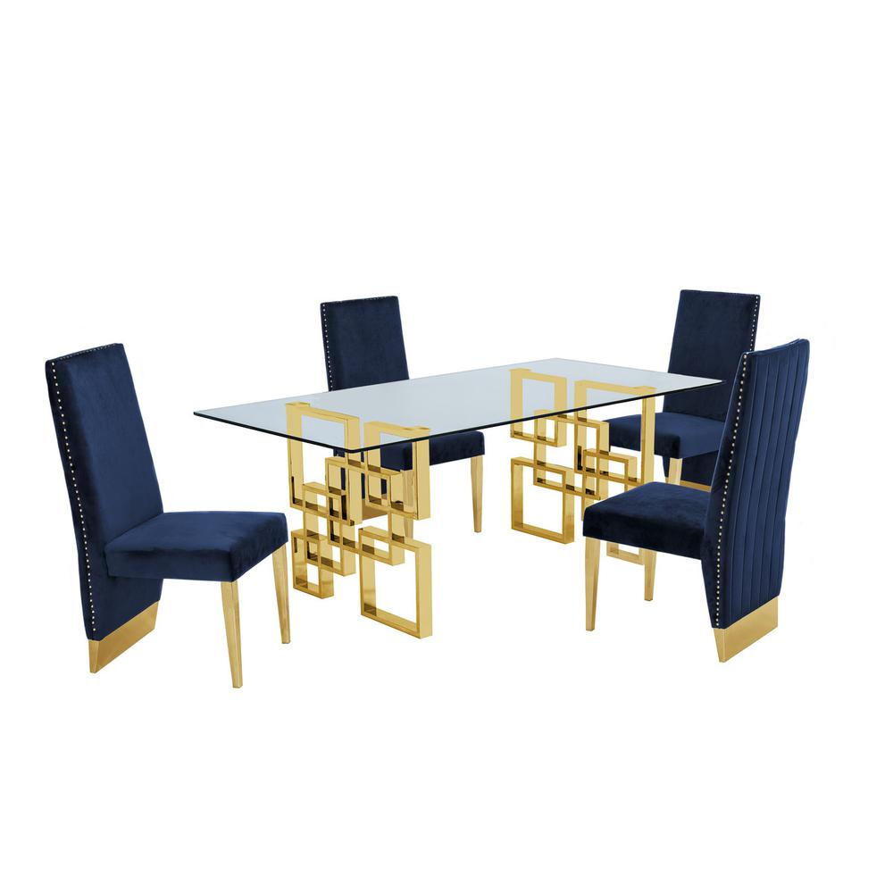 Classic 7 Piece Dining Set With Glass Table Top and Stainless Steel Legs w/Pleated Chairs, Navy Blue. Picture 1