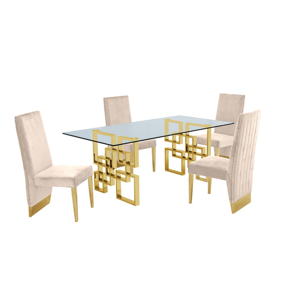 Classic 7 Piece Dining Set With Glass Table Top and Stainless Steel Legs w/Pleated Chairs, Beige. Picture 1