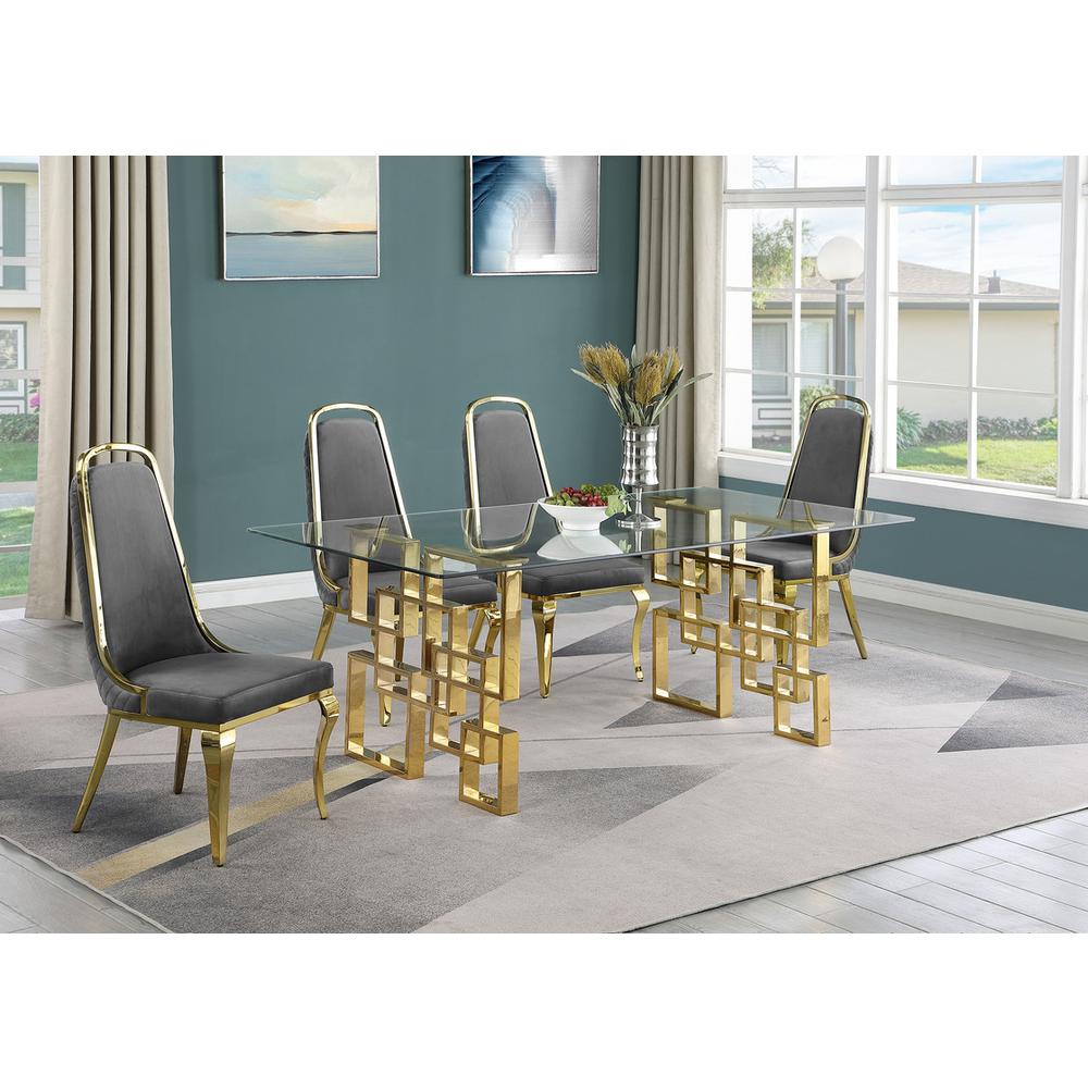 5-piece glam dining set with 4 Dark grey chairs and one 79" glass dining table. Picture 4