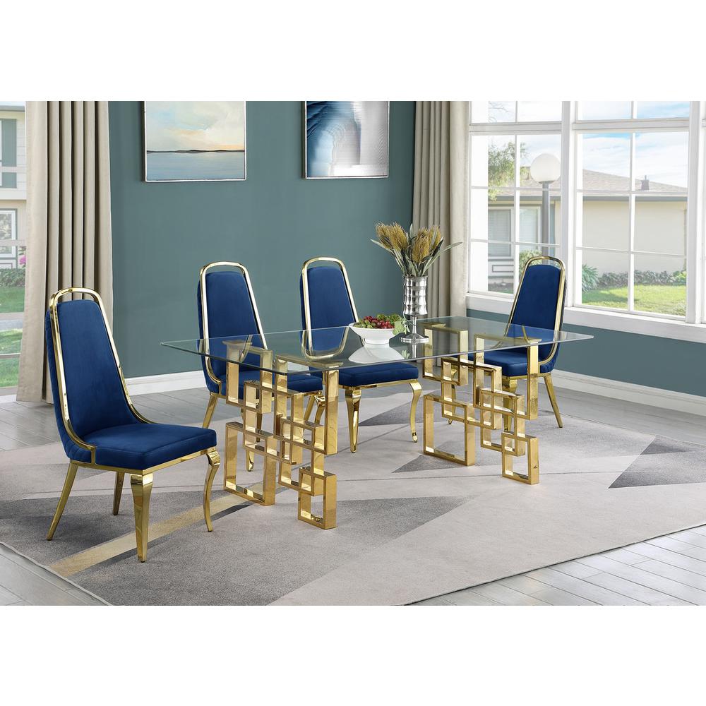 5-piece glam dining set with 4 Navy blue chairs and one 79" glass dining table. Picture 4