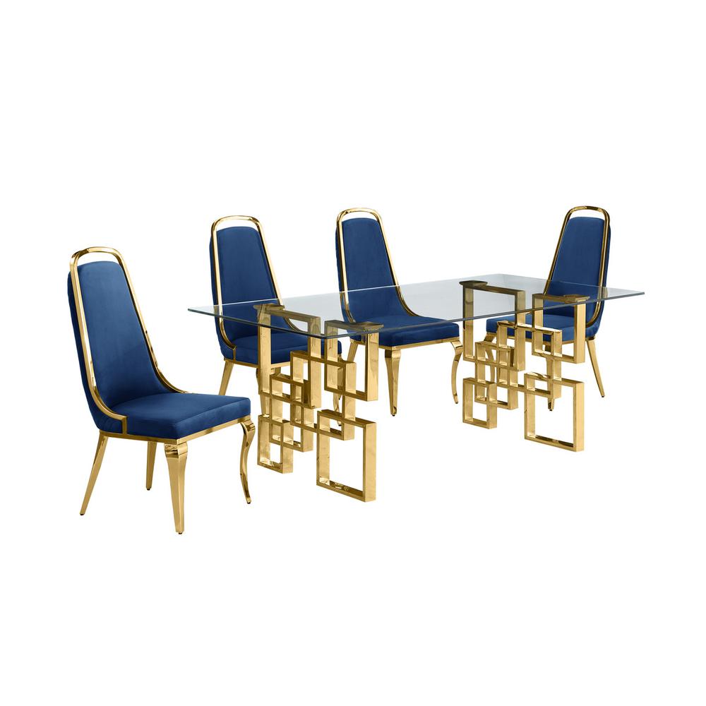 5-piece glam dining set with 4 Navy blue chairs and one 79" glass dining table. Picture 1