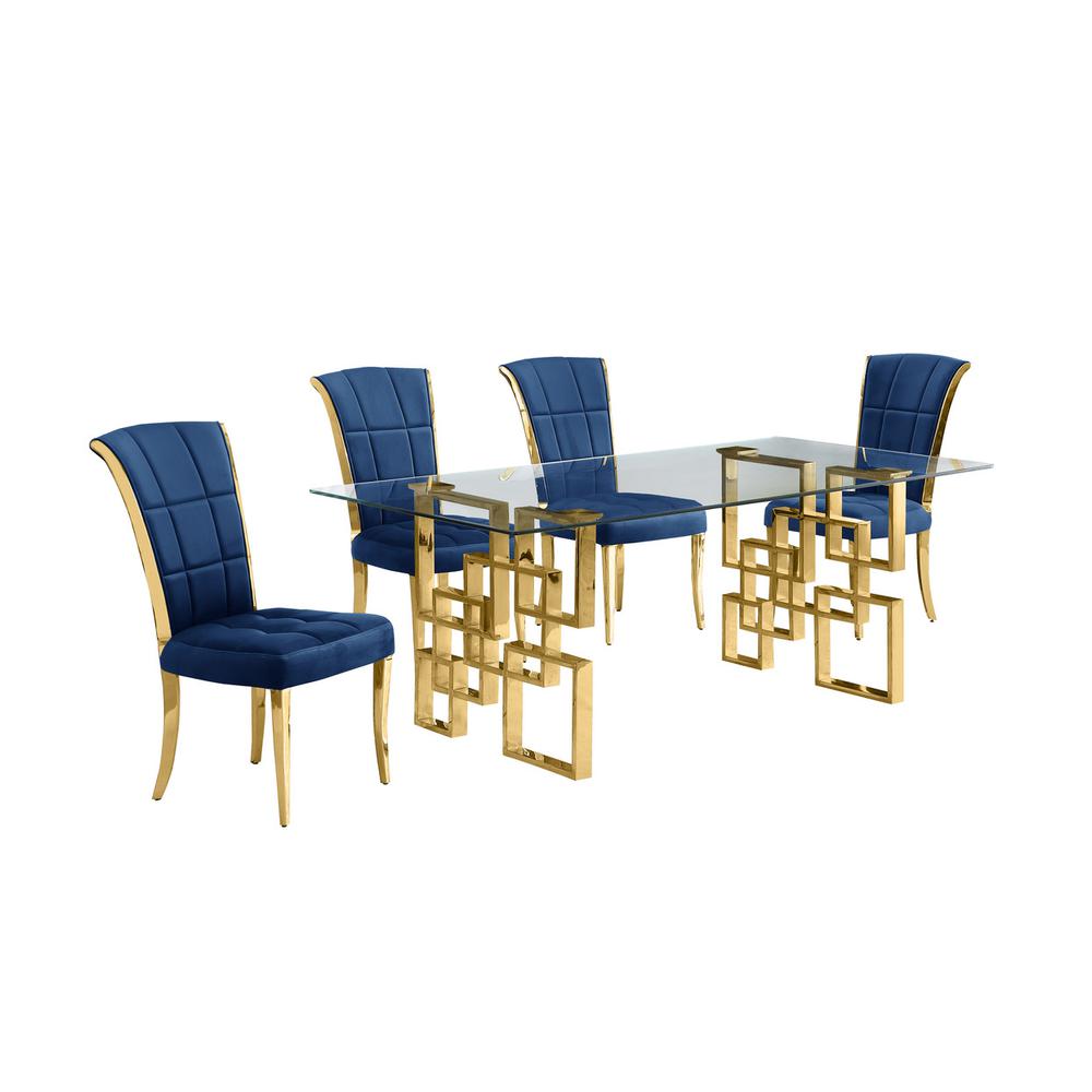 5-piece glam dining set with 4 navy blue chairs and a 79" long glass  table. Picture 1