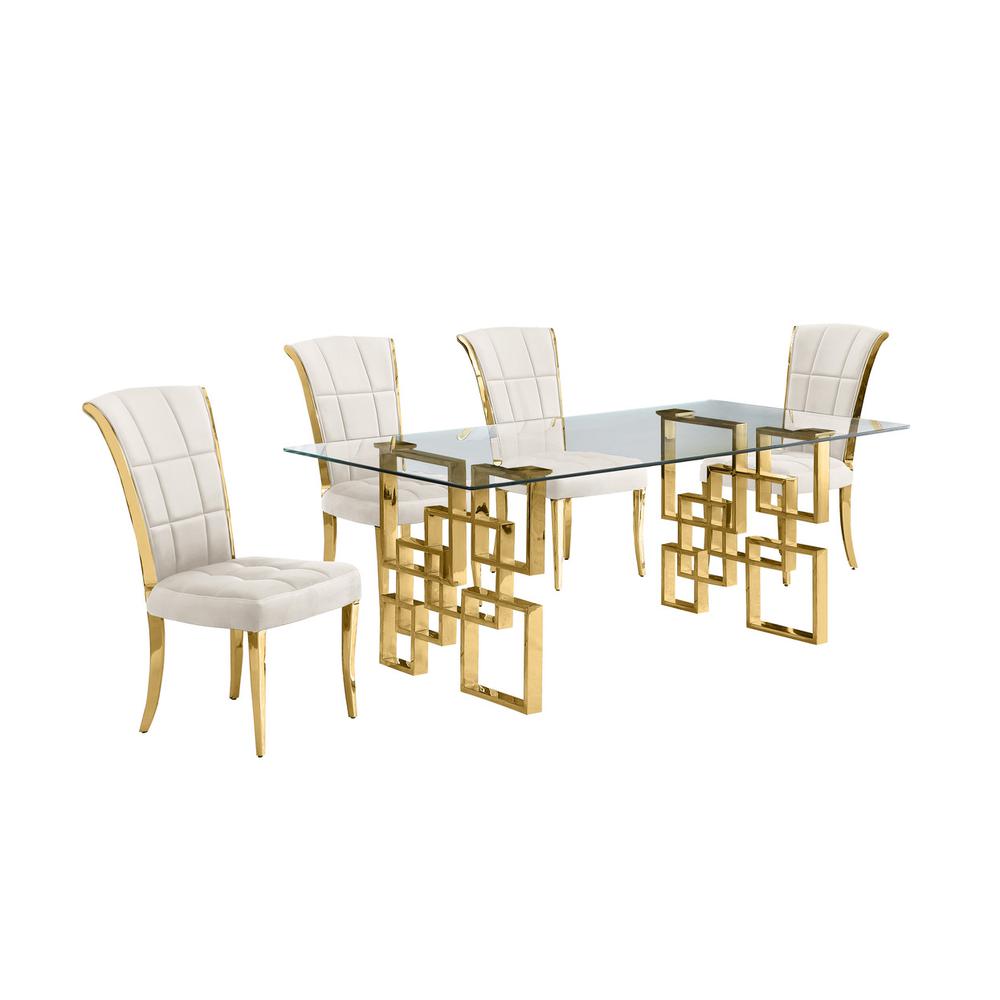 5-piece glam dining set with 4 cream chairs and a 79" long glass  table. Picture 1
