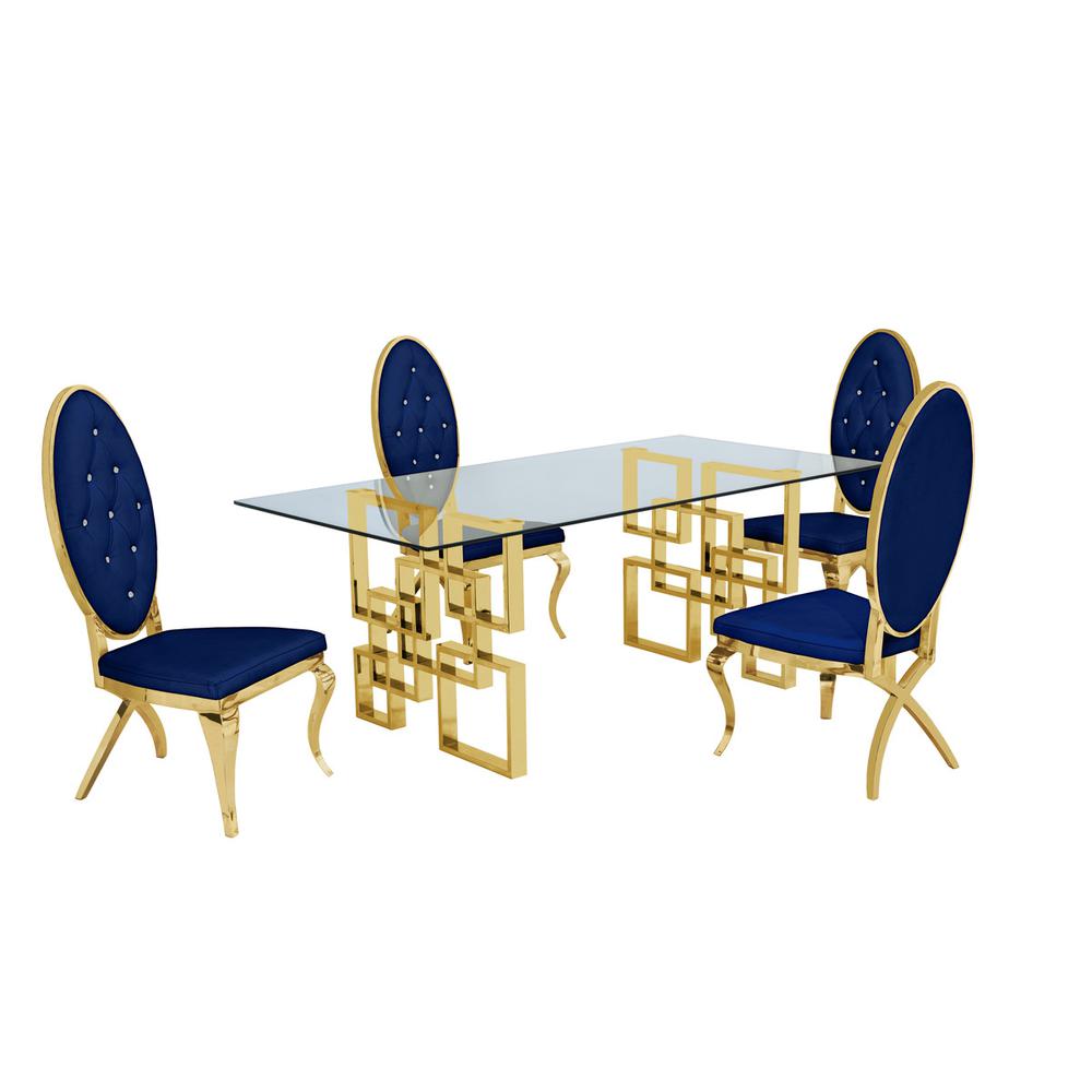 Classic 5 Piece Dining Set With Glass Table Top and Stainless Steel Legs w/ Tufted Faux Crystal, Navy Blue. Picture 1