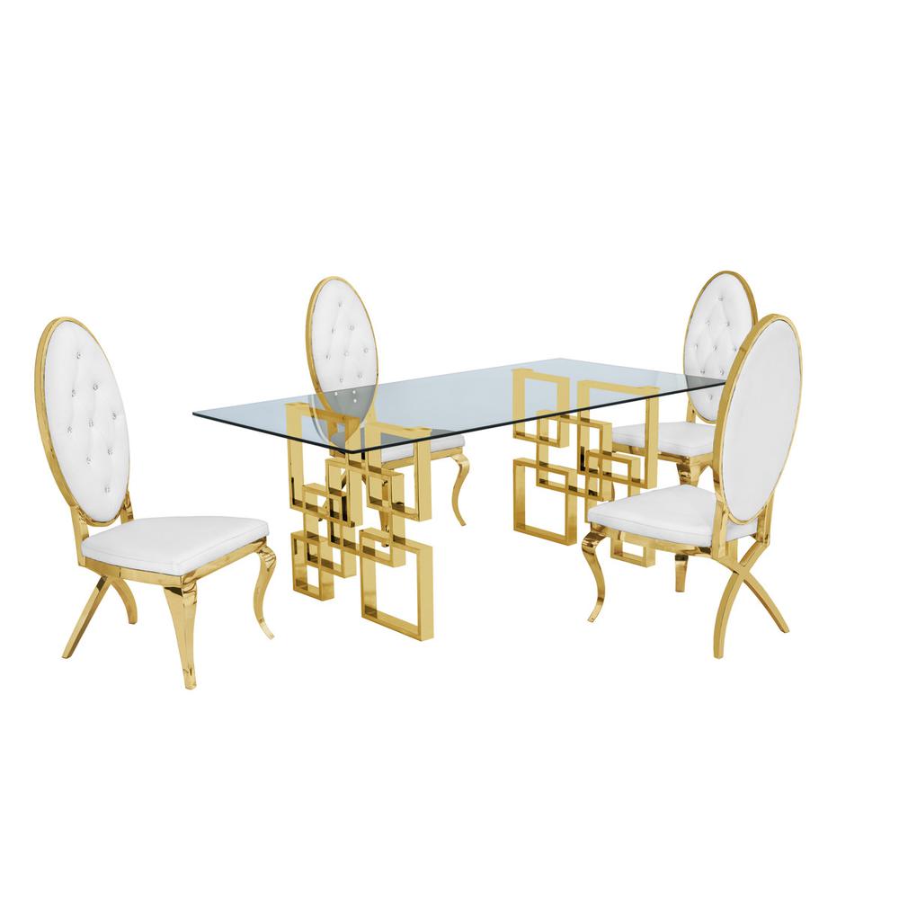Classic 5 Piece Dining Set With Glass Table Top and Stainless Steel Legs w/ Tufted Faux Crystal, White. Picture 1