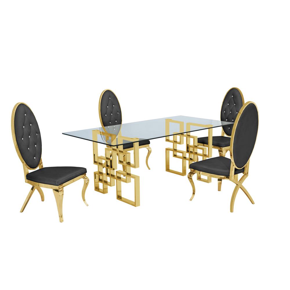 Classic 5 Piece Dining Set With Glass Table Top and Stainless Steel Legs w/ Tufted Faux Crystal, Dark Grey. Picture 1